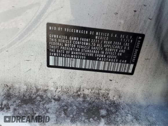 ✅ 2020 Volkswagen Golf GTI S • VIN: 3VW5T7AU4LM002209 • Lot: 72063775. Listed on Copart with 52,119 mi. Free auction sales archive from the USA and detailed vehicle history report at DreamBid. Image 12.