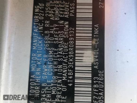 2011 Toyota Camry LE с VIN 4T4BF3EK9BR089132, выставлен на аукционе Copart как лот 90696405 с пробегом 125 484 миль миль и Списание • Salvage title. История ставок и продаж доступна на DreamBid. Изображение 12.