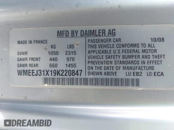 ✅ 2009 Smart fortwo Pure • VIN: WMEEJ31X19K220847 • Lot: 42817145. Listed on IAAI with 130,888 mi. Free auction sales archive from the USA and detailed vehicle history report at DreamBid. Image 9.