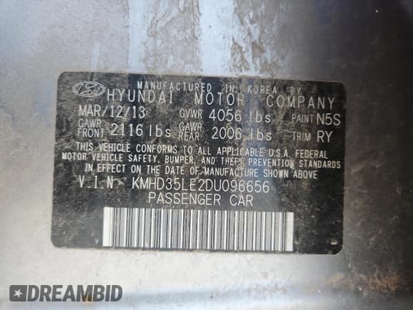 ✅ 2013 Hyundai Elantra • VIN: KMHD35LE2DU096656 • Lot: 71439775. Listed on Copart with 182,714 mi. Free auction sales archive from the USA and detailed vehicle history report at DreamBid. Image 12.