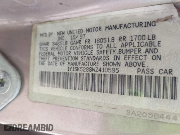 ✅ 1998 Chevrolet Prizm Lsi • VIN: 1Y1SK5288WZ410595 • Lot: 42159012. Listed on IAAI with 181,762 mi. Free auction sales archive from the USA and detailed vehicle history report at DreamBid. Image 9.