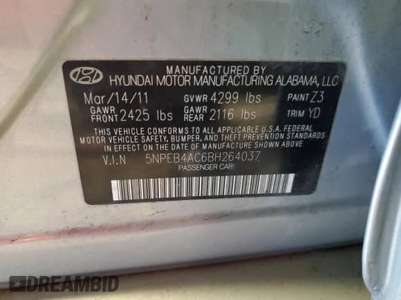 2011 Hyundai Sonata GLS with VIN 5NPEB4AC6BH264037, listed as a Copart auction lot 86717975 with 166,936 mi miles and Salvage title. Bid and sale history available at DreamBid. Image 12.