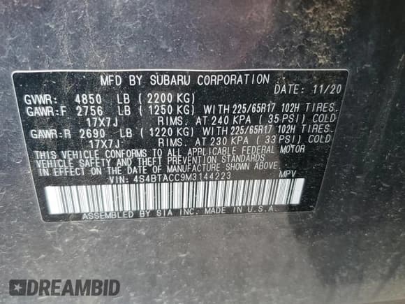 ✅ 2021 Subaru Outback Premium • VIN: 4S4BTACC9M3144223 • Lot: 58515615. Listed on Copart with 26,044 mi. Free auction sales archive from the USA and detailed vehicle history report at DreamBid. Image 14.