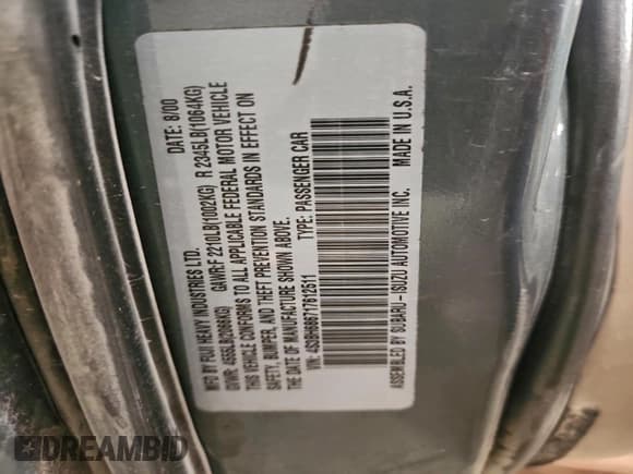 ✅ 2001 Subaru Legacy Outback Limited • VIN: 4S3BH686717612511 • Lot: 95506465. Listed on Copart with 211,421 mi. Free auction sales archive from the USA and detailed vehicle history report at DreamBid. Image 12.