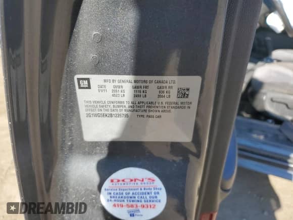 2011 Chevrolet Impala LT Fleet z VIN 2G1WG5EK2B1226795, wystawiony jako Copart lot #85259925 z przebiegiem 191 217 mil mil oraz Szkoda całkowita • Salvage title. Historia ofert i sprzedaży dostępna na DreamBid. Obrazek 12.