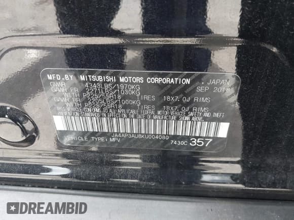 ✅ 2019 Mitsubishi Outlander ES • VIN: JA4AP3AU8KU004080 • Lot: 42920992. Listed on IAAI with 84,889 mi. Free auction sales archive from the USA and detailed vehicle history report at DreamBid. Image 9.