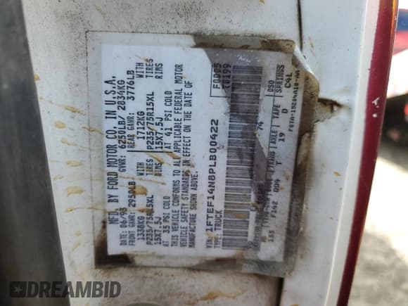 ✅ 1993 Ford F-150 • VIN: 1FTEF14N8PLB00422 • Лот: 49353765. Опубликован ранее на Copart с пробегом Не указан. Бесплатный доступ к архиву аукционных продаж из США и подробный отчёт об истории автомобиля на DreamBid. Изображение 12.