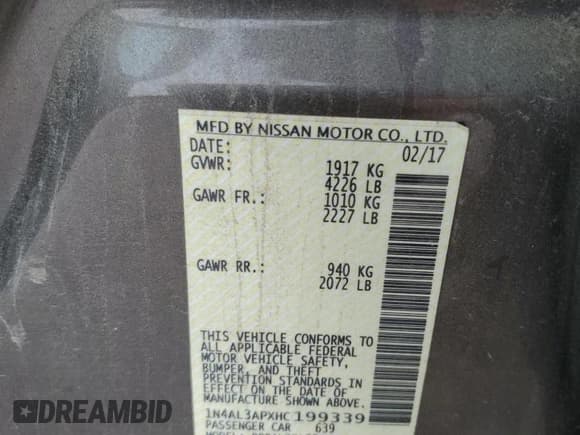 ✅ 2017 Nissan Altima SL • VIN: 1N4AL3APXHC199339 • Lot: 59585925. Listed on Copart with 202,980 mi. Free auction sales archive from the USA and detailed vehicle history report at DreamBid. Image 12.