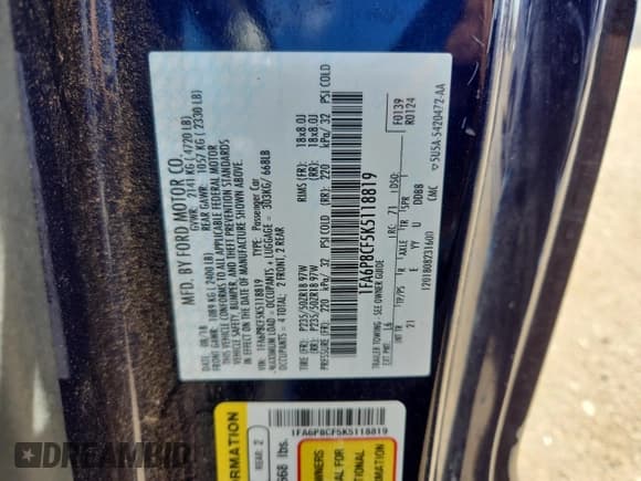 ✅ 2019 Ford Mustang GT • VIN: 1FA6P8CF5K5118819 • Lot: 71890585. Listed on Copart with 105,037 mi. Free auction sales archive from the USA and detailed vehicle history report at DreamBid. Image 12.