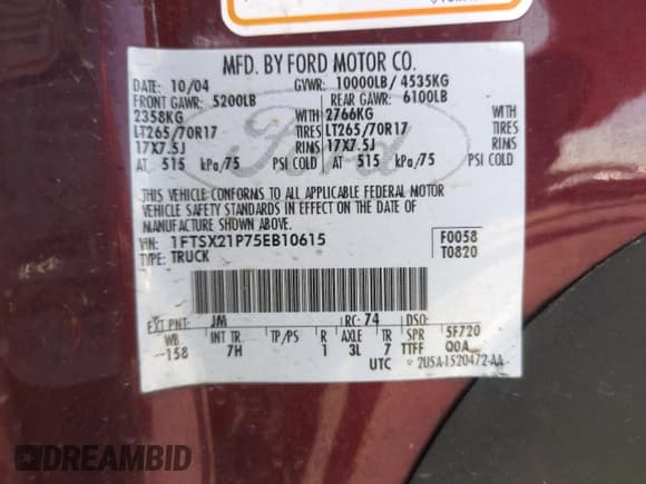 ✅ 2005 Ford F-250 XL • VIN: 1FTSX21P75EB10615 • Lot: 61637255. Listed on Copart with 188,814 mi. Free auction sales archive from the USA and detailed vehicle history report at DreamBid. Image 12.