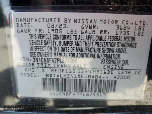 ✅ 2023 Nissan Versa SR • VIN: 3N1CN8FV7PL874569 • Lot: 52448035. Listed on Copart with 10,938 mi. Free auction sales archive from the USA and detailed vehicle history report at DreamBid. Image 12.