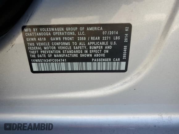 ✅ 2015 Volkswagen Passat SE • VIN: 1VWBS7A34FC004741 • Lot: 80783475. Wystawiony na Copart z przebiegiem 116 237 mil. Bezpłatny archiwum sprzedaży aukcyjnych z USA i szczegółowy raport historii pojazdu na DreamBid. Zdjęcie 12.