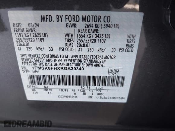 ✅ 2024 Ford Explorer Limited • VIN: 1FMSK8FHXRGA39340 • Lot: 42541569. Wystawiony na IAAI z przebiegiem 5 954 mil. Bezpłatny archiwum sprzedaży aukcyjnych z USA i szczegółowy raport historii pojazdu na DreamBid. Zdjęcie 9.