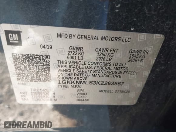 ✅ 2019 GMC Acadia SLT • VIN: 1GKKNMLS3KZ263567 • Лот: 43561783. Опубликован ранее на IAAI с пробегом 103 995 миль. Бесплатный доступ к архиву аукционных продаж из США и подробный отчёт об истории автомобиля на DreamBid. Изображение 9.