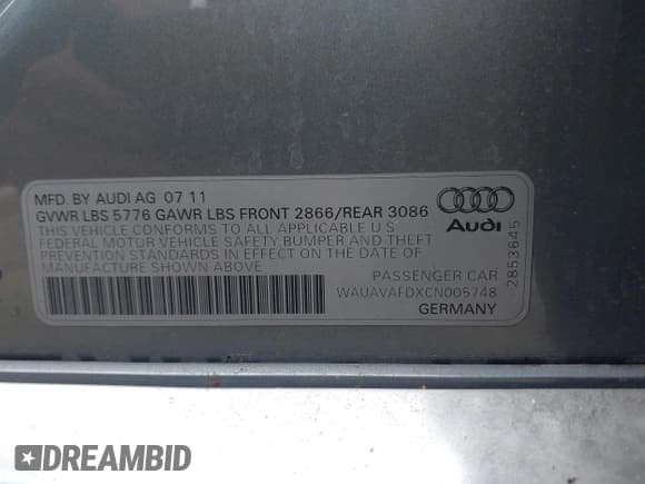 ✅ 2012 Audi A8 • VIN: WAUAVAFDXCN005748 • Lot: 42540536. Listed on IAAI with 163,562 mi. Free auction sales archive from the USA and detailed vehicle history report at DreamBid. Image 9.