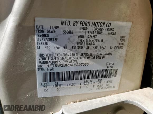 ✅ 2010 Ford F-250 XL • VIN: 1FTSW2BR3AEA97083 • Lot: 67093905. Listed on Copart with 135,624 mi. Free auction sales archive from the USA and detailed vehicle history report at DreamBid. Image 12.