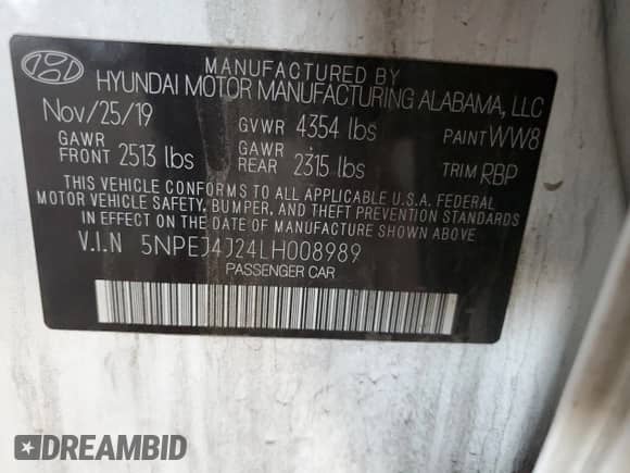 2020 Hyundai Sonata SEL Plus с VIN 5NPEJ4J24LH008989, выставлен на аукционе Copart как лот 90705635 с пробегом 52 265 миль миль и Списание • Salvage title. История ставок и продаж доступна на DreamBid. Изображение 12.