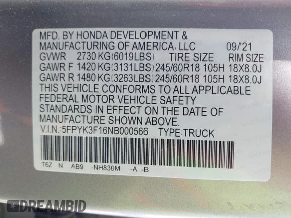 ✅ 2022 Honda Ridgeline Sport • VIN: 5FPYK3F16NB000566 • Lot: 43099564. Wystawiony na IAAI z przebiegiem Nie podano. Bezpłatny archiwum sprzedaży aukcyjnych z USA i szczegółowy raport historii pojazdu na DreamBid. Zdjęcie 9.