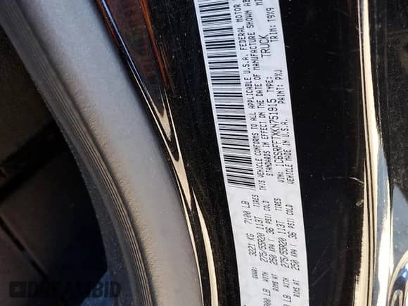 2019 Ram 1500 Big Horn with VIN 1C6SRFFTXKN751915, listed as a Copart auction lot 86119055 with 130,204 mi miles and Salvage title. Bid and sale history available at DreamBid. Image 12.