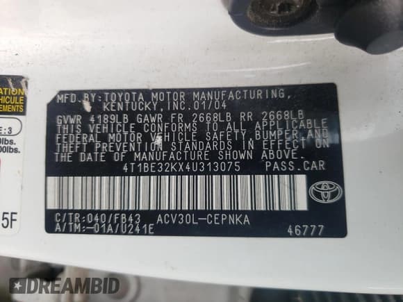 ✅ 2004 Toyota Camry LE • VIN: 4T1BE32KX4U313075 • Лот: 68613745. Опубликован ранее на Copart с пробегом 264 224 миль. Бесплатный доступ к архиву аукционных продаж из США и подробный отчёт об истории автомобиля на DreamBid. Изображение 12.