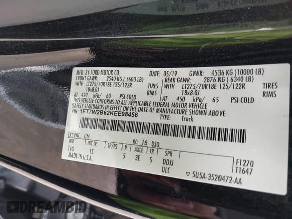 ✅ 2019 Ford F-250 XL • VIN: 1FT7W2B62KEE98458 • Lot: 43285660. Listed on IAAI with 159,148 mi. Free auction sales archive from the USA and detailed vehicle history report at DreamBid. Image 9.