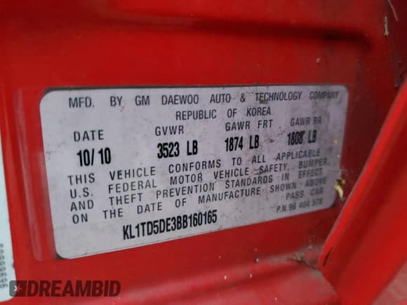 ✅ 2011 Chevrolet Aveo 1LT • VIN: KL1TD5DE3BB160165 • Лот: 43164945. Опубликован ранее на Copart с пробегом 156 595 миль. Бесплатный доступ к архиву аукционных продаж из США и подробный отчёт об истории автомобиля на DreamBid. Изображение 14.