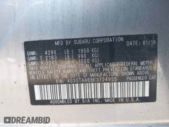 2019 Subaru Impreza with VIN 4S3GTAA68K3724955, listed as a IAAI auction lot 43304650 with 106,253 mi miles and . Bid and sale history available at DreamBid. Image 9.