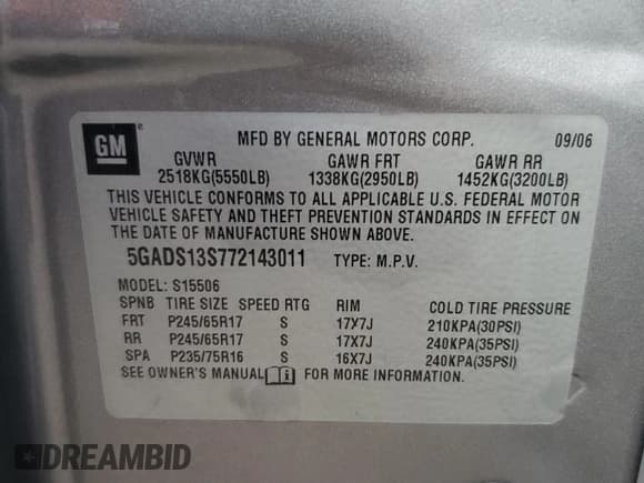 ✅ 2007 Buick Rainier CXL • VIN: 5GADS13S772143011 • Lot: 74185664. Listed on Copart with Not provided. Free auction sales archive from the USA and detailed vehicle history report at DreamBid. Image 14.