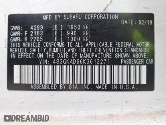✅ 2019 Subaru Impreza Premium • VIN: 4S3GKAD66K3613271 • Лот: 42976475. Опубликован ранее на IAAI с пробегом Не указан. Бесплатный доступ к архиву аукционных продаж из США и подробный отчёт об истории автомобиля на DreamBid. Изображение 9.