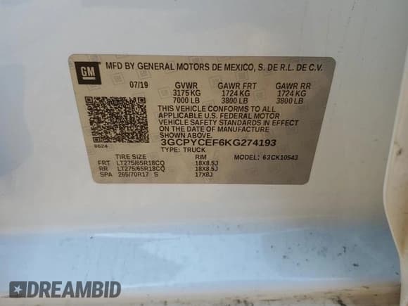 ✅ 2019 Chevrolet Silverado 1500 Custom Trail Boss • VIN: 3GCPYCEF6KG274193 • Lot: 67836535. Wystawiony na Copart z przebiegiem 157 553 mil. Bezpłatny archiwum sprzedaży aukcyjnych z USA i szczegółowy raport historii pojazdu na DreamBid. Zdjęcie 12.