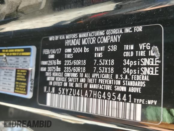 ✅ 2017 Hyundai Santa Fe 2.0T • VIN: 5XYZU4LA7HG495441 • Лот: 81383755. Опубликован ранее на Copart с пробегом Не указан. Бесплатный доступ к архиву аукционных продаж из США и подробный отчёт об истории автомобиля на DreamBid. Изображение 13.