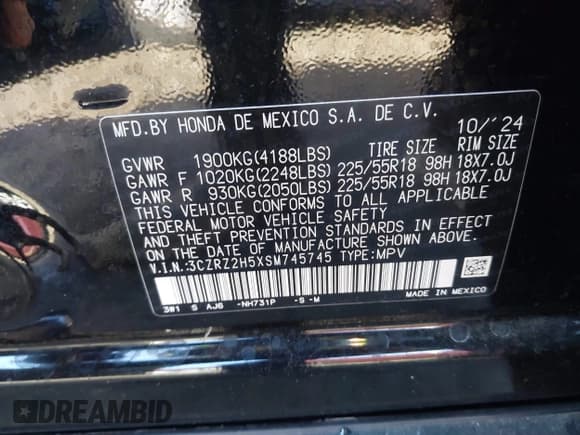 ✅ 2025 Honda HR-V Sport • VIN: 3CZRZ2H5XSM745745 • Lot: 43323757. Listed on IAAI with 6,401 mi. Free auction sales archive from the USA and detailed vehicle history report at DreamBid. Image 9.