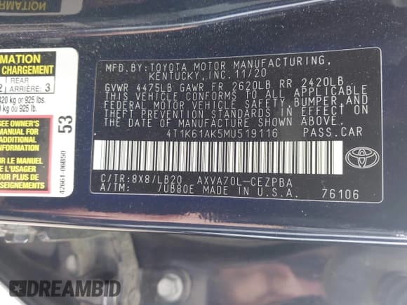 ✅ 2021 Toyota Camry XSE • VIN: 4T1K61AK5MU519116 • Lot: 43538901. Listed on IAAI with 48,478 mi. Free auction sales archive from the USA and detailed vehicle history report at DreamBid. Image 9.