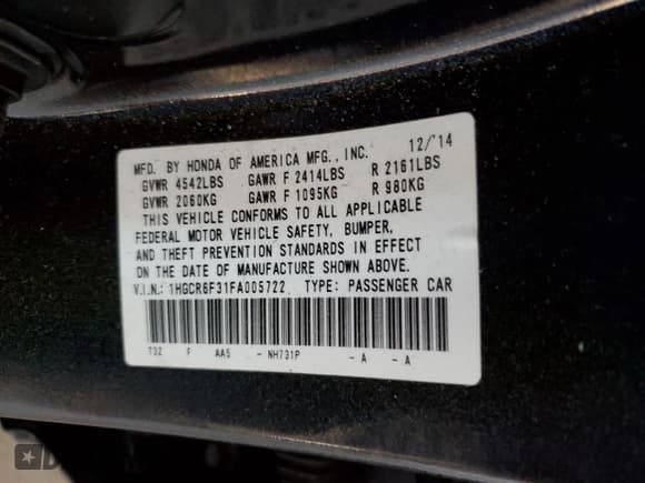 ✅ 2015 Honda Accord • VIN: 1HGCR6F31FA005722 • Лот: 66760705. Опубликован ранее на Copart с пробегом 140 390 миль. Бесплатный доступ к архиву аукционных продаж из США и подробный отчёт об истории автомобиля на DreamBid. Изображение 12.