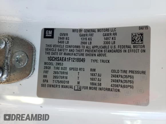 ✅ 2015 Chevrolet Colorado 2WD WT • VIN: 1GCHSAEA1F1218049 • Лот: 74812164. Опубликован ранее на Copart с пробегом 178 709 миль. Бесплатный доступ к архиву аукционных продаж из США и подробный отчёт об истории автомобиля на DreamBid. Изображение 12.