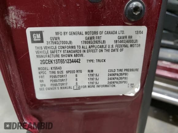 ✅ 2005 Chevrolet Silverado 1500 Z71 • VIN: 2GCEK13T651234442 • Лот: 79583254. Опубликован ранее на Copart с пробегом 237 025 миль. Бесплатный доступ к архиву аукционных продаж из США и подробный отчёт об истории автомобиля на DreamBid. Изображение 12.