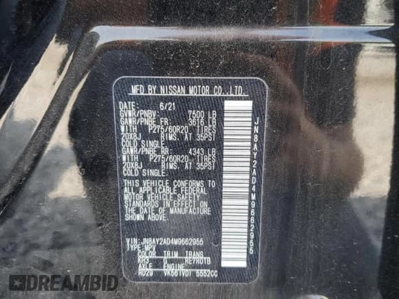 ✅ 2021 Nissan Armada SV • VIN: JN8AY2AD4M9662955 • Lot: 59873295. Listed on Copart with 55,771 mi. Free auction sales archive from the USA and detailed vehicle history report at DreamBid. Image 12.