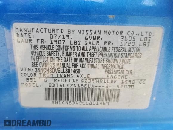 ✅ 2020 Nissan Versa S • VIN: 3N1CN8DV5LL801469 • Lot: 80826375. Listed on Copart with 164,986 mi. Free auction sales archive from the USA and detailed vehicle history report at DreamBid. Image 13.