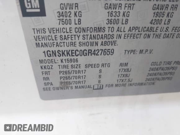 ✅ 2016 Chevrolet Suburban Commercial • VIN: 1GNSKKEC0GR427659 • Lot: 43647762. Wystawiony na IAAI z przebiegiem Nie podano. Bezpłatny archiwum sprzedaży aukcyjnych z USA i szczegółowy raport historii pojazdu na DreamBid. Zdjęcie 9.