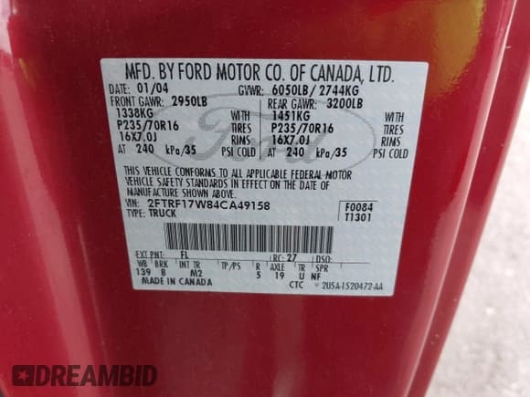 ✅ 2004 Ford F-150 XL • VIN: 2FTRF17W84CA49158 • Лот: 41692820. Опубликован ранее на IAAI с пробегом 118 568 миль. Бесплатный доступ к архиву аукционных продаж из США и подробный отчёт об истории автомобиля на DreamBid. Изображение 9.