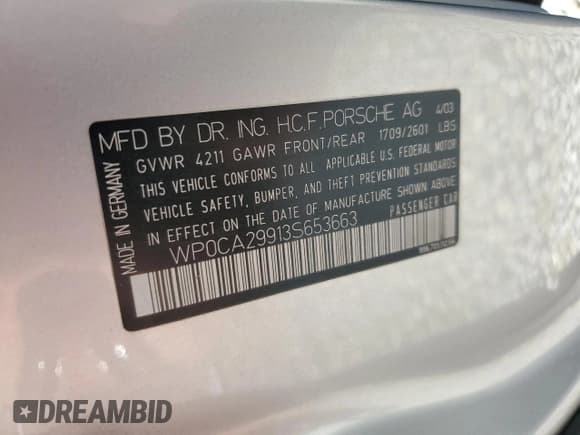 ✅ 2003 Porsche 911 • VIN: WP0CA29913S653663 • Лот: 49332695. Опубликован ранее на Copart с пробегом 85 401 миль. Бесплатный доступ к архиву аукционных продаж из США и подробный отчёт об истории автомобиля на DreamBid. Изображение 12.