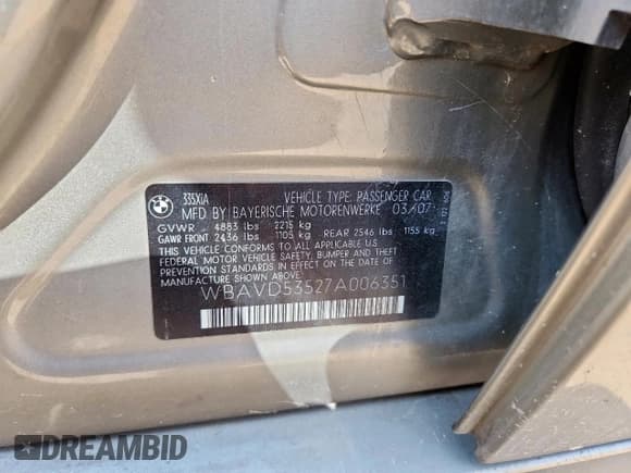 ✅ 2007 BMW 3 Series 335xi • VIN: WBAVD53527A006351 • Lot: 81003705. Listed on Copart with 230,430 mi. Free auction sales archive from the USA and detailed vehicle history report at DreamBid. Image 12.