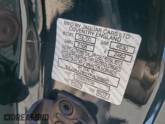 ✅ 2000 Jaguar XK • VIN: SAJJA42B5YPA06990 • Лот: 64503875. Опубликован ранее на Copart с пробегом Не указан. Бесплатный доступ к архиву аукционных продаж из США и подробный отчёт об истории автомобиля на DreamBid. Изображение 12.