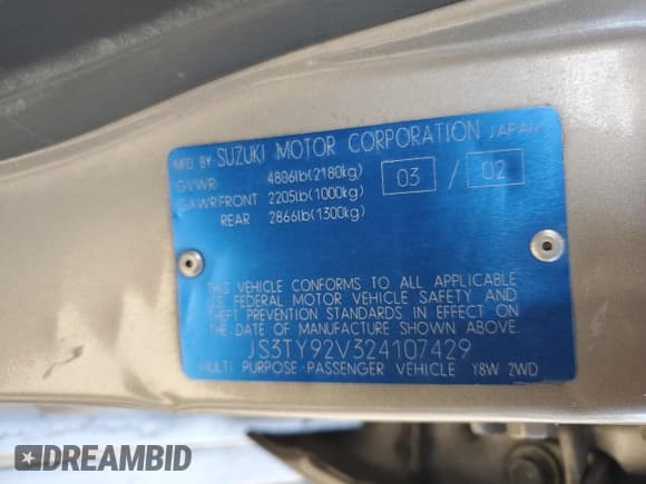 ✅ 2002 Suzuki XL7 Standard • VIN: JS3TY92V324107429 • Lot: 73217034. Listed on Copart with 253,836 mi. Free auction sales archive from the USA and detailed vehicle history report at DreamBid. Image 13.