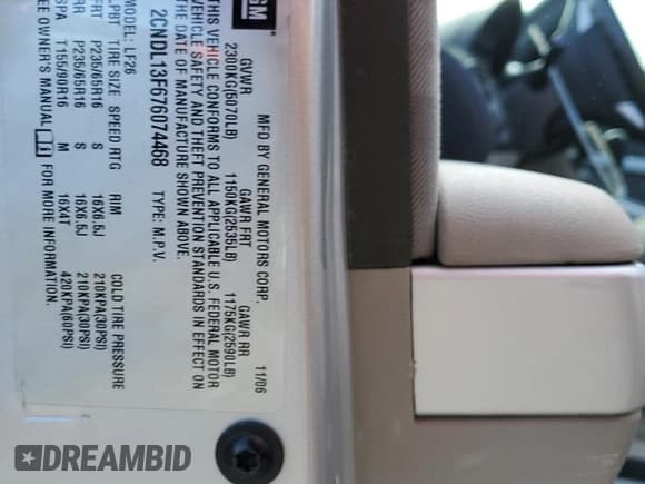 ✅ 2007 Chevrolet Equinox LS • VIN: 2CNDL13F676074468 • Лот: 54090375. Опубликован ранее на Copart с пробегом 95 641 миль. Бесплатный доступ к архиву аукционных продаж из США и подробный отчёт об истории автомобиля на DreamBid. Изображение 13.