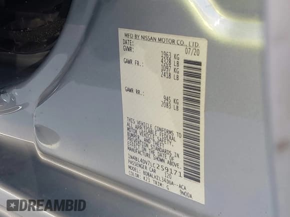 ✅ 2020 Nissan Altima SV • VIN: 1N4BL4DV7LC259171 • Lot: 41347148. Wystawiony na IAAI z przebiegiem 59 095 mil. Bezpłatny archiwum sprzedaży aukcyjnych z USA i szczegółowy raport historii pojazdu na DreamBid. Zdjęcie 9.