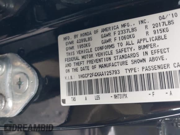 ✅ 2010 Honda Accord LX-P • VIN: 1HGCP2F4XAA125793 • Лот: 43577198. Опубликован ранее на IAAI с пробегом 122 888 миль. Бесплатный доступ к архиву аукционных продаж из США и подробный отчёт об истории автомобиля на DreamBid. Изображение 9.