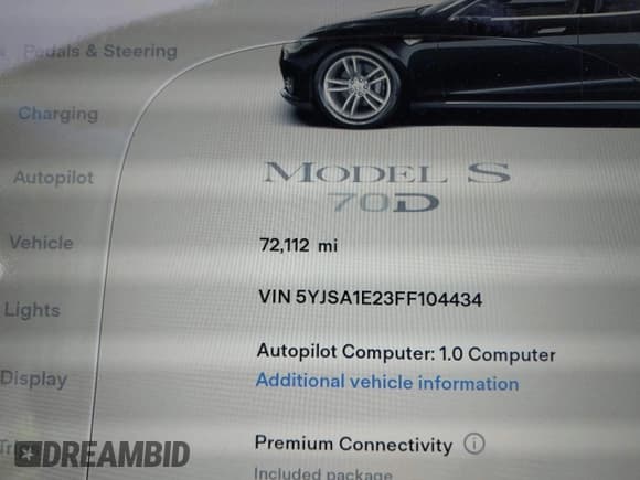 ✅ 2015 Tesla Model S 85D • VIN: 5YJSA1E23FF104434 • Лот: 43622961. Опубликован ранее на IAAI с пробегом 72 112 миль. Бесплатный доступ к архиву аукционных продаж из США и подробный отчёт об истории автомобиля на DreamBid. Изображение 15.