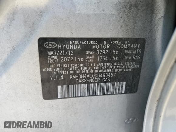 ✅ 2013 Hyundai Elantra Limited • VIN: KMHDH4AE0DU493457 • Lot: 66762755. Listed on Copart with 135,459 mi. Free auction sales archive from the USA and detailed vehicle history report at DreamBid. Image 12.