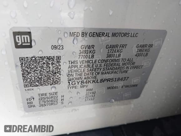 ✅ 2023 Cadillac Escalade ESV 4WD Premium Luxury • VIN: 1GYS4KKL8PR518437 • Lot: 41181389. Listed on IAAI with 28,874 mi. Free auction sales archive from the USA and detailed vehicle history report at DreamBid. Image 9.